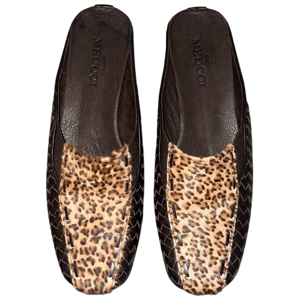 Sesto Meucci Brown Leather & Leopard Print Mule Clogs